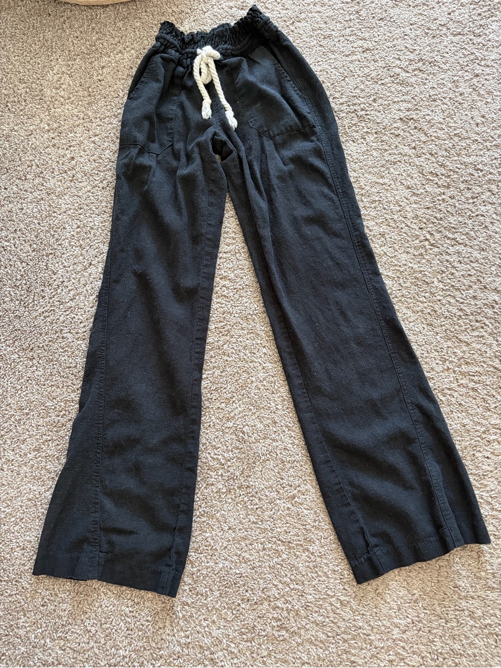 ROXY - Black Smocked Waist Straight-Leg Pants